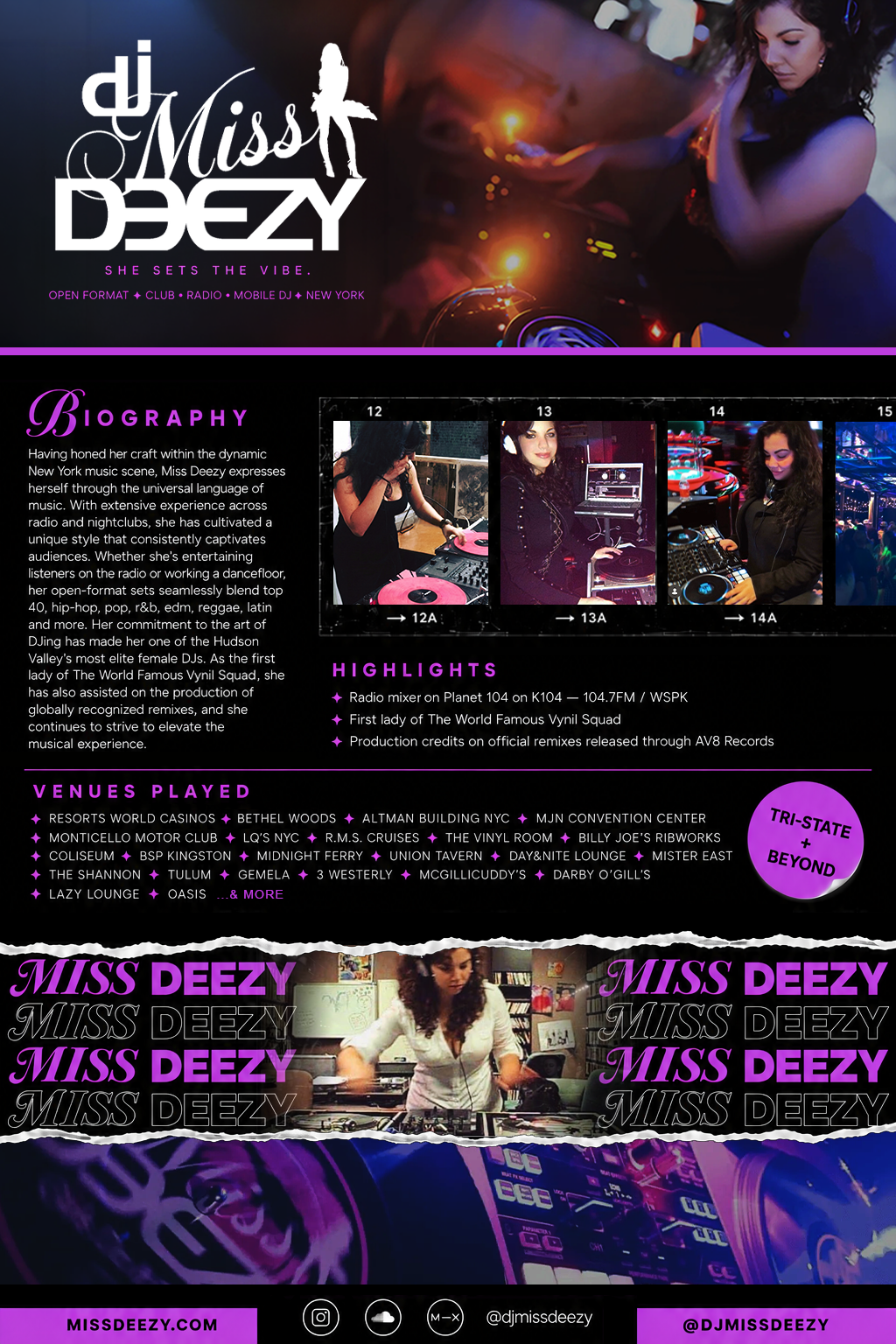 DJ Miss Deezy press kit one-sheet — open format club, radio and mobile DJ in New York's Hudson Valley. Biography, career highlights and venues played.